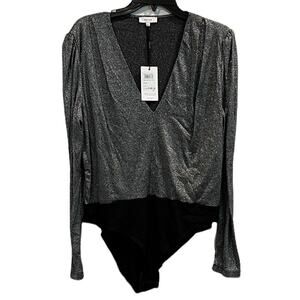 Reiss Rosie Metallic Bodysuit Silver Long Sleeve Deep V NWT Size L